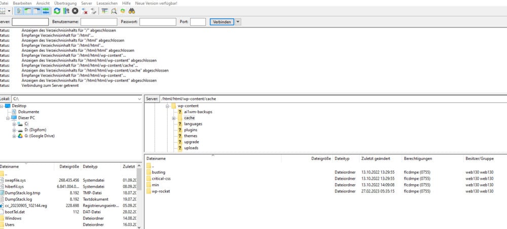 Filezille Cache Ordner WordPress